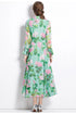Vintage Green Alluring Floral Printed, Collared, Long Sleeve, Big Swing, Pleated Office, Party, Evening Maxi Dress